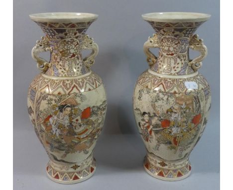 A Pair of Oriental Satsuma Vases with Stylised Chilong Handles Decorated with Panels Depicting Armored Japanese Warriors, Lan