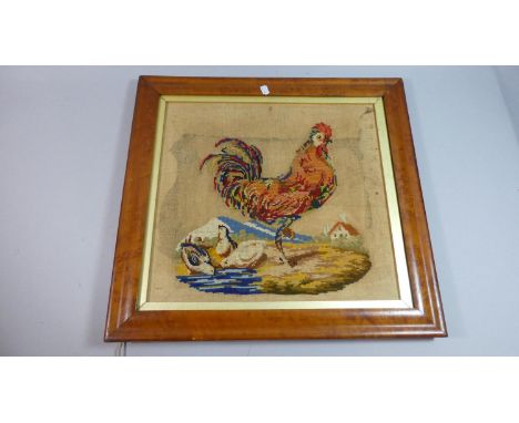 A Maple Framed Tapestry Depicting Cockerel Standing by Chicks Drinking, 43cm Wide 