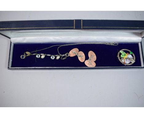 A Pair of Silver Plated Cufflinks, Enamelled Silver Parrot Brooch and Necklace