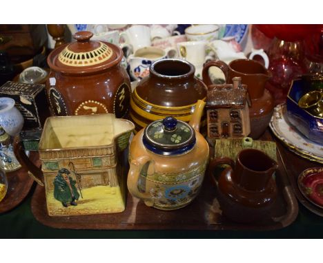 A Tray Containing Royal Doulton Pickwick Papers Jug, Glazed Terracotta Storage Jar, Doulton of Lambeth Teapot etc 