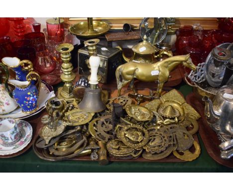 A Tray Containing Various Brasswares to Include Racehorse Ornament, Handbell, Pair of Candle Sticks, Bedchamber Stick, Horse 