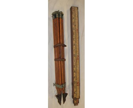 A Mine Surveyor's wooden folding tripod and adjustable staff (ex-Camborne School of Mines)