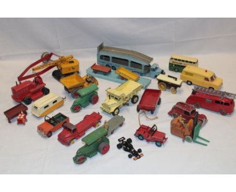 Various diecast vehicles including Dinky 555 fire engine, Pullmore car transporter with ramp, forklift, bus, caravan and vari