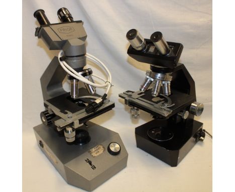 A binocular microscope by Gilbert & Sievers and one other binocular microscope by Prior (both requiring focusing attention)