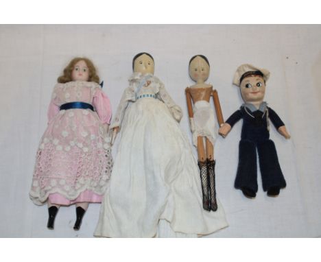 Two various old peg dolls, a small china headed doll and a cloth sailor boy doll (4)