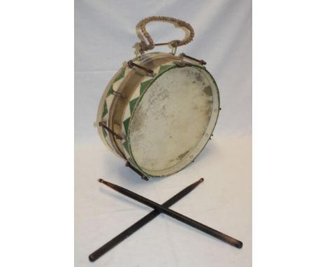 A rare 1930's German Third Reich Wermacht Hitler Youth marching drum with brass body and green and white painted decoration 1