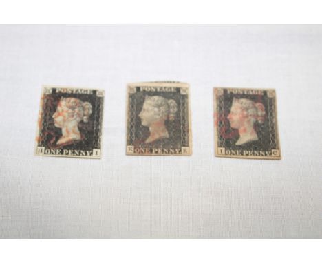 Three Victorian 1840 1d blacks, each near four margins with red Maltese Cross cancels including H/I, I/C and K/E (3)
