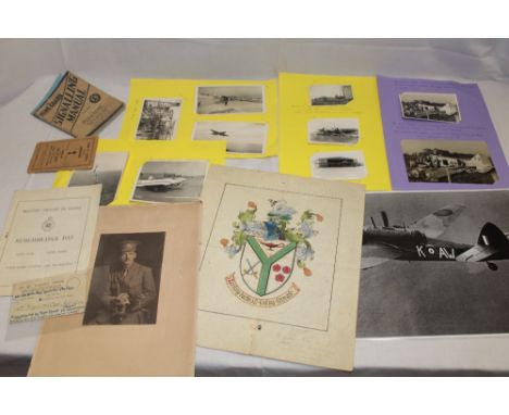 Various aircraft photographs including crashed aircraft, Home Guard's signalling manual and other military paperwork