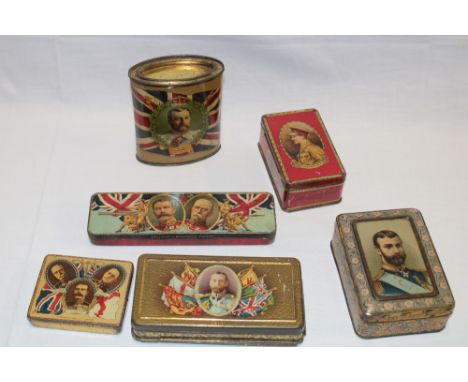 Six various First War era military and commemorative tins including British Grocer's Federation Christmas 1914 tin "To Our Fi