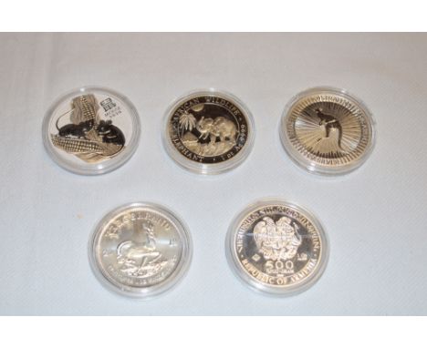 Five silver proof 1oz coins including 2018 South African Krugerrand 1oz silver coin, Republic of Armenia 500d 1oz coin, Somal