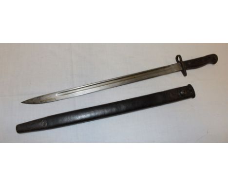 A First War 1907 pattern Lee Enfield bayonet by Wilkinson in steel mounted leather scabbard