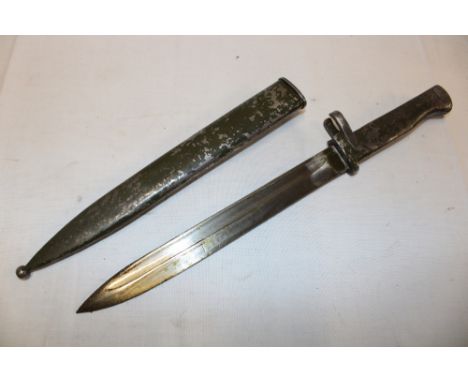 A First War German Ersatz bayonet with single-edged blade in steel scabbard, the hilt and scabbard with part original green p