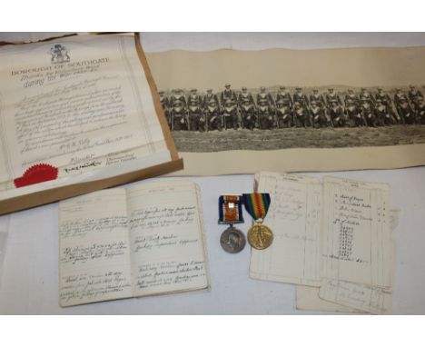 A First War pair of medals awarded to No. F.F. 8445 C.N. Kelly Ord. R.N. together with a handwritten diary dated 1922 detaili