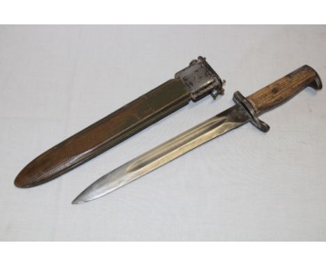 A United States bayonet with single edged blade marked "A.F.H. US",  refurbished wood grips in composition scabbard