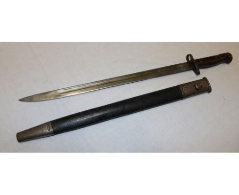 A First War 1907 pattern Lee Enfield bayonet by Wilkinson in steel mounted leather scabbard