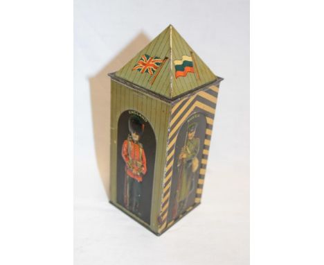 A rare First War Huntley & Palmers sentry box biscuit tin depicting soldiers from England, Russia, France and Belgium, 7" hig