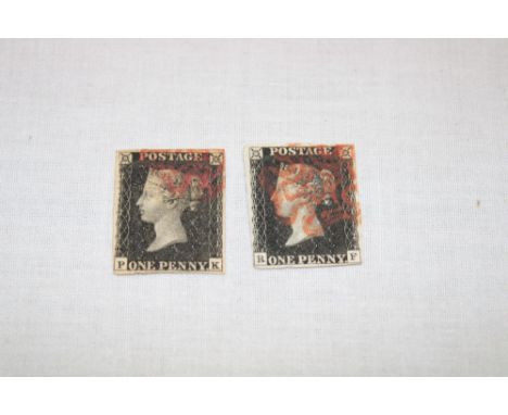 Two Victorian 1840 1d blacks, both four margin with red Maltese Cross cancels R/F and P/K