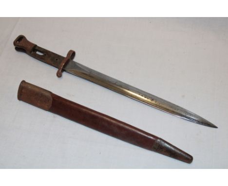 An 1888 pattern Lee Metford bayonet (minus grips) in steel mounted leather scabbard