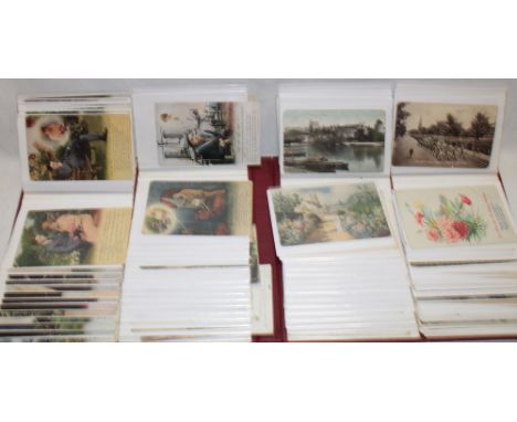 An album containing a selection of various postcards including First War military greetings postcards, 6 embroidered silk pos