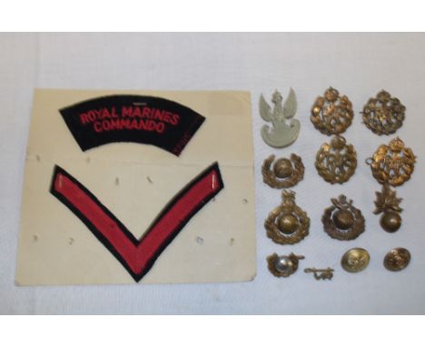 A Second War Polish military forces cap badge with button, a selection of Royal Marines badges and insignia including Royal M