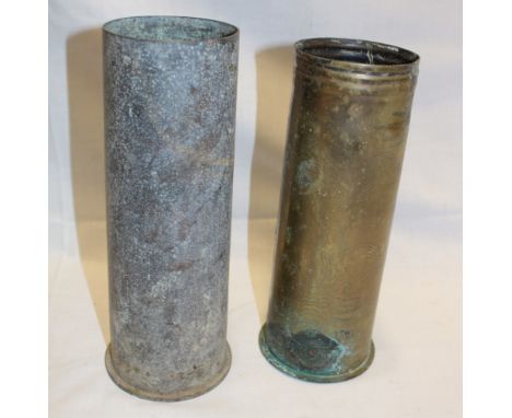 A Japanese brass shell case 9½" high and a First War brass shell case with trench art  Eastern-style engraving (2)
