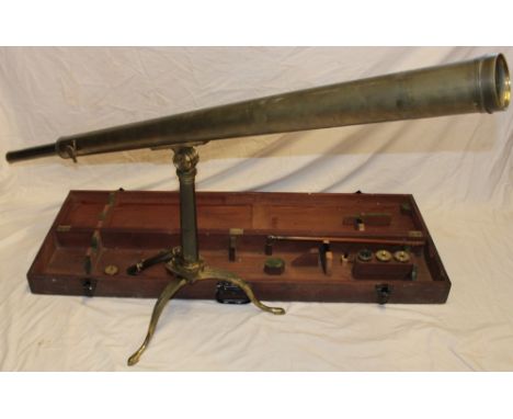 A large 19th century brass telescope by Smith of London with 55" tapered body on folding brass table tripod contained in a fi