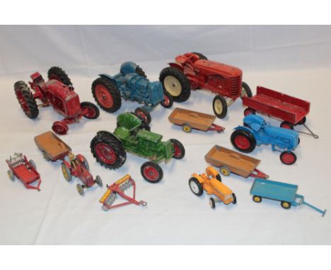 Various diecast tractors including early tractor by Denzil Skinner, Lesney, Dinky Massey Harris, various agricultural trailer