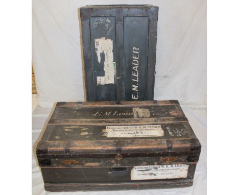 Two old painted wood and metal bound military travelling trunks, both named to Lt. Col. W. K. M. Leader the Duke of Cornwall'