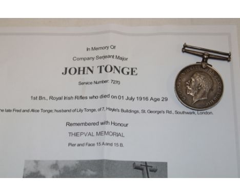 A British War medal awarded to No. 1-7270 W.O.Cl.2 - J. Tonge Royal Irish Rifles (John Tonge 1st Bn. Royal Irish Rifles, kill