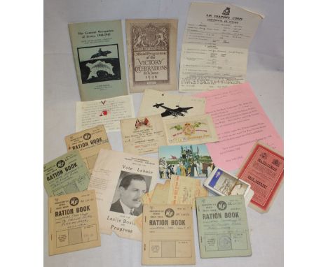 Various military paperwork and booklets including First War German Safe Conduct slip, German occupation of Jersey 1940-45 pam