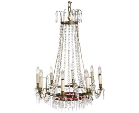 A RUSSIAN NEOCLASSICAL CRYSTAL EIGHT LIGHT CHANDELIER, 19TH CENTURYwith a central cascade of faceted crystal strands, the bas