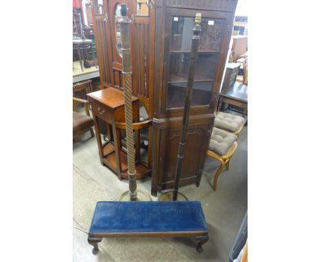 An early 20th Century mahogany and upholstered stool and two standard lamps 