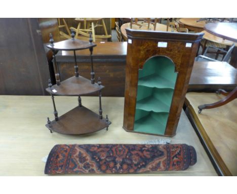 A terracotta rug, burr walnut corner shelf and a mahogany whatnot 