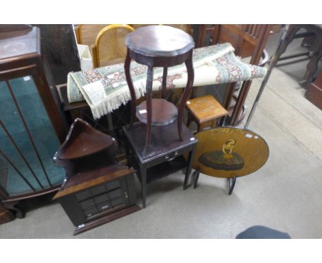 A mahogany wall hanging corner cabinet, a fire screen, two jardiniere stands and a night stand 