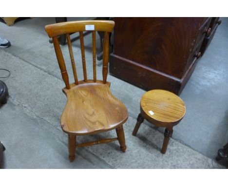 A child's elm and beech chair and a mahogany stool 
