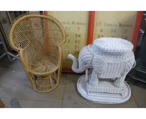 A small cane child's chair and a painted wicker elephant stool 