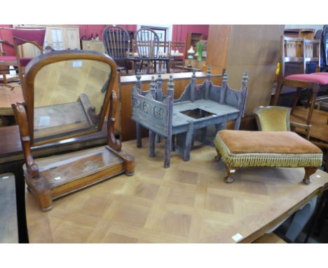 An Eastern gilt stand, stool and a Victorian mahogany toilet mirror 