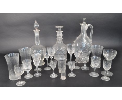 Collection of 19th / 20th century glass decanters and drinking glasses. Including three Pall Mall Lady Hamilton tumbler glass