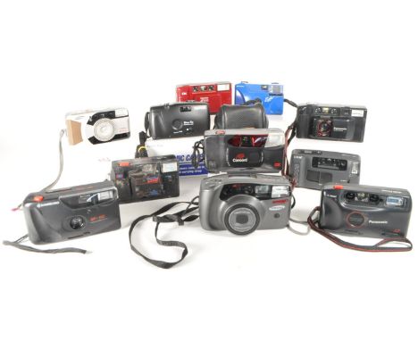 A collection of vintage late 20th century compact point and shoot 35mm film cameras. The collection features eleven examples,