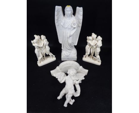 ALABASTER, PLASTER &amp; OTHER COMPOSITION WHITE FIGURINES &amp; PLAQUES - to include an urn topped oval cameo type wall plaq