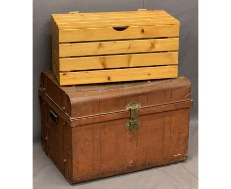 VINTAGE TIN TRUNK with brass lock and iron carry handles, along with a modern slatted pine box, 49cms H, 70cms W, 52cms D and
