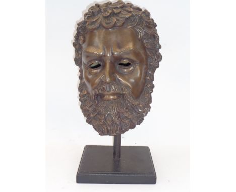 REPRODUCTION BRONZE ANTIQUITIES STYLE HEAD - a bearded man mounted on a wooden base, 46cms H