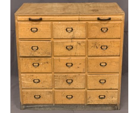 MID-CENTURY LIGHT WOOD CHEST OF 15 SMALL DRAWERS - with office style pulls, 92.5cms H, 92cms W, 52cms D