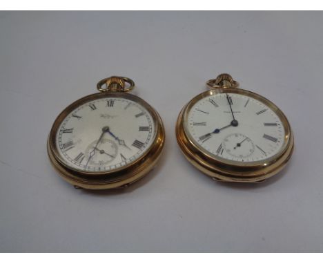 TWO GENT'S WALTHAM OPEN FACE ROLLED GOLD POCKET WATCHES - each with white enamel dial, Roman numerals and sweep seconds dial