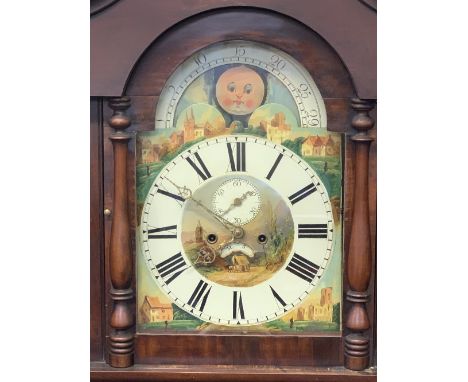 VICTORIAN MAHOGANY LONGCASE CLOCK - arched top, moon face dial with painted centre and spandrels set with Roman numerals, sub