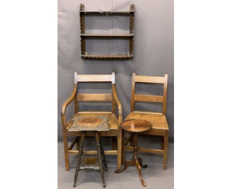 ANTIQUE OAK &amp; LATER OCCASIONAL FURNITURE - an oak farmhouse armchair and matching side chair, 88cms H, 55cms W, 43cms sea