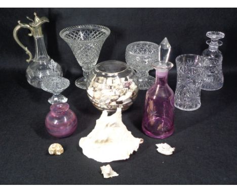 CUT &amp; OTHER GLASSWARE to include a Ruby decanter and one other, cut glass claret jug with metal mounts, pedestal scent bo