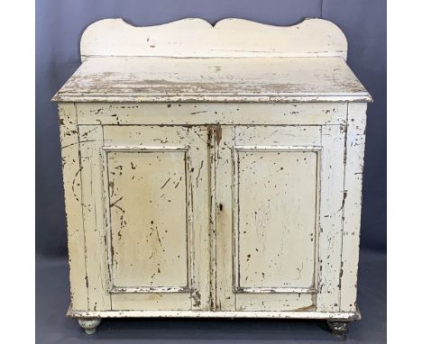 FARMHOUSE PINE RAILBACK CUPBOARD - painted white, two doors and an inner shelf, 102cms H, 102cms W, 53cms D