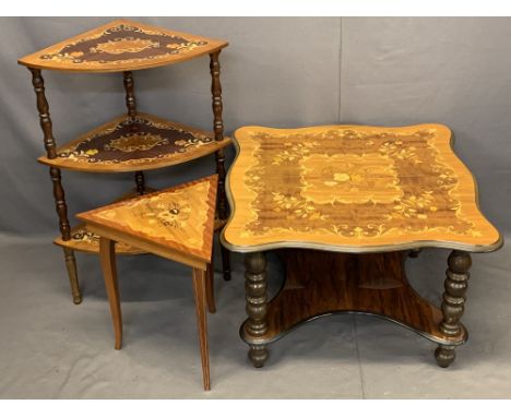 ITALIAN INLAID OCCASIONAL FURNITURE, 3 ITEMS - a two-tier coffee table on turned supports, 49cms H, 75 x 75cms top, three-tie