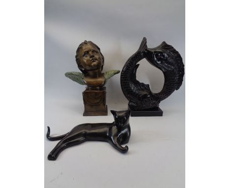 BRONZE &amp; COMPOSITE ORNAMENTAL FIGURINES &amp; BUSTS - to include a reproduction bronze reclining cat, 40cms across, doubl